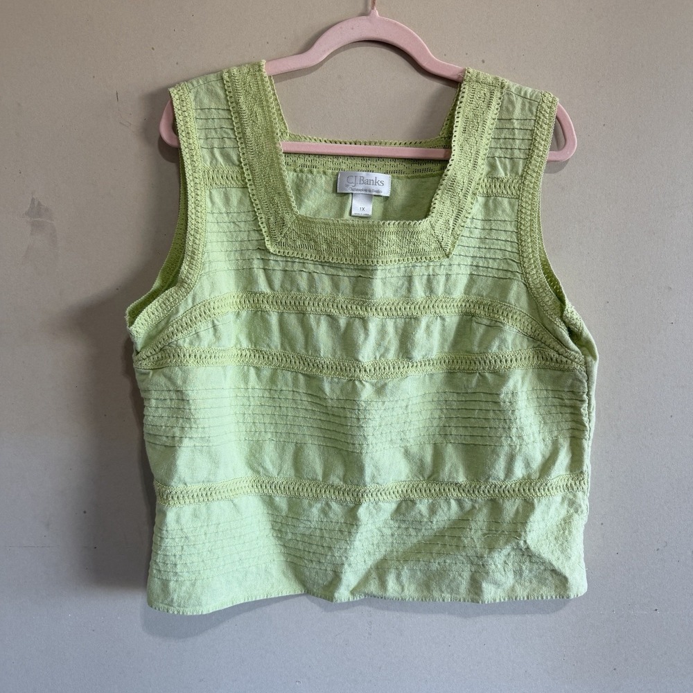 CJ Banks Fairycore Women's 1X Linen Lime Green Tank Top Lace Trim Boho